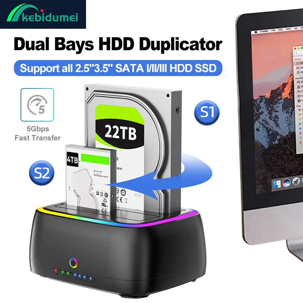 

Kebidumei Dual-bay HDD Docking Station One Click Offline Clone SATA to USB 5Gbps HDD Enclosure RGB Lights Effect 2.5/3.5 HDD Box