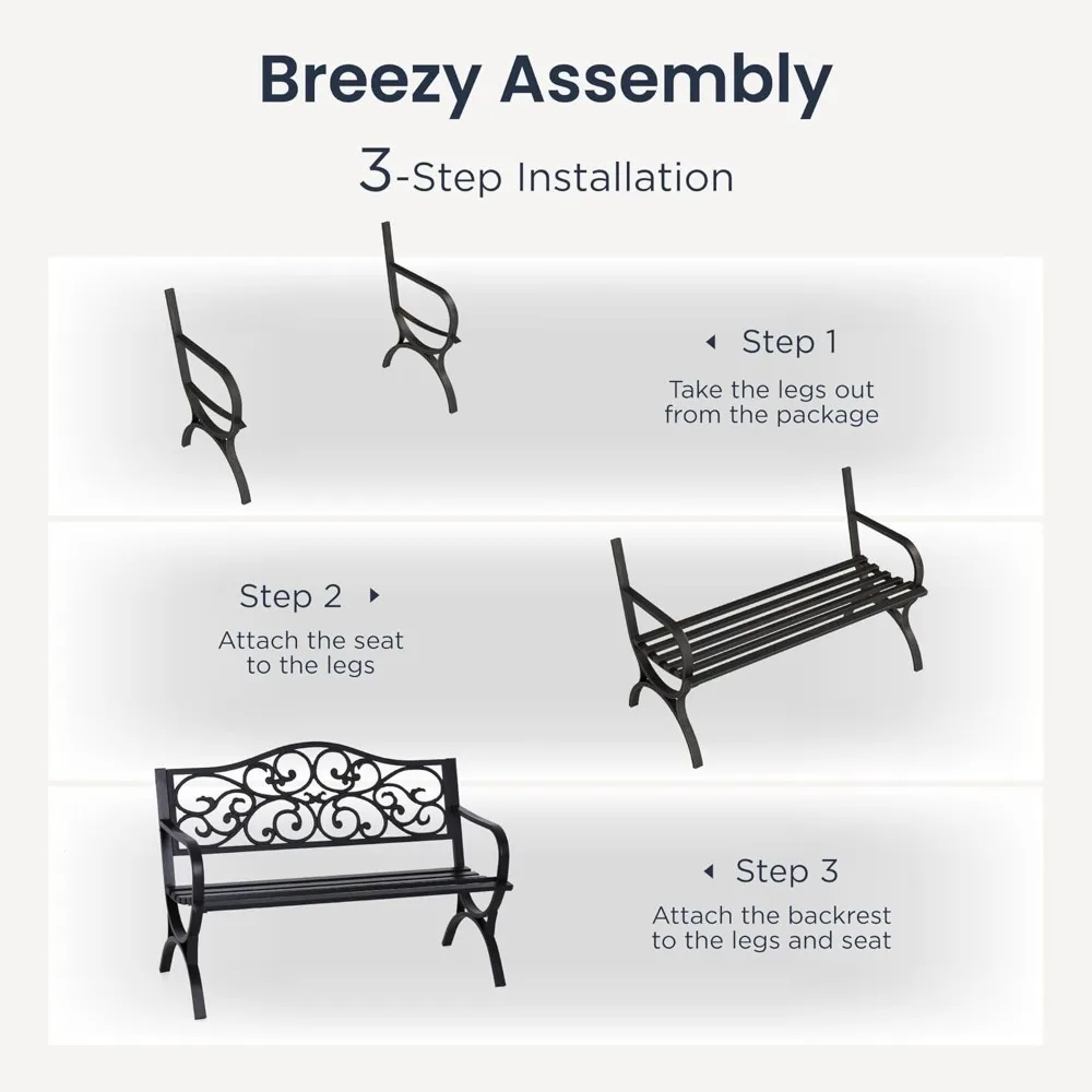 مقعد حديقة بإطار خارجي للفناء مع مسند ظهر بتصميم زهور، مقعد شرائحي للحديقة والساحة والشرفة، أسود #6