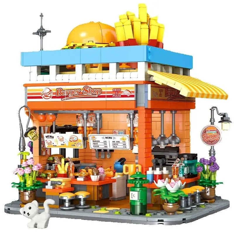 

Street view hamburger restaurant with lighting building block model DIY bricks kid toys adult gifts desktop decoration 1727PCS