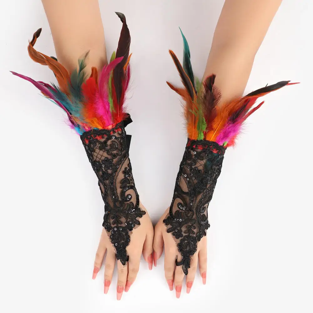 Guantes de dedo con gancho de plumas para Halloween, bola de fiesta, pulsera de encaje negro, accesorios de manga, guantes de protección solar para conducir y ciclismo