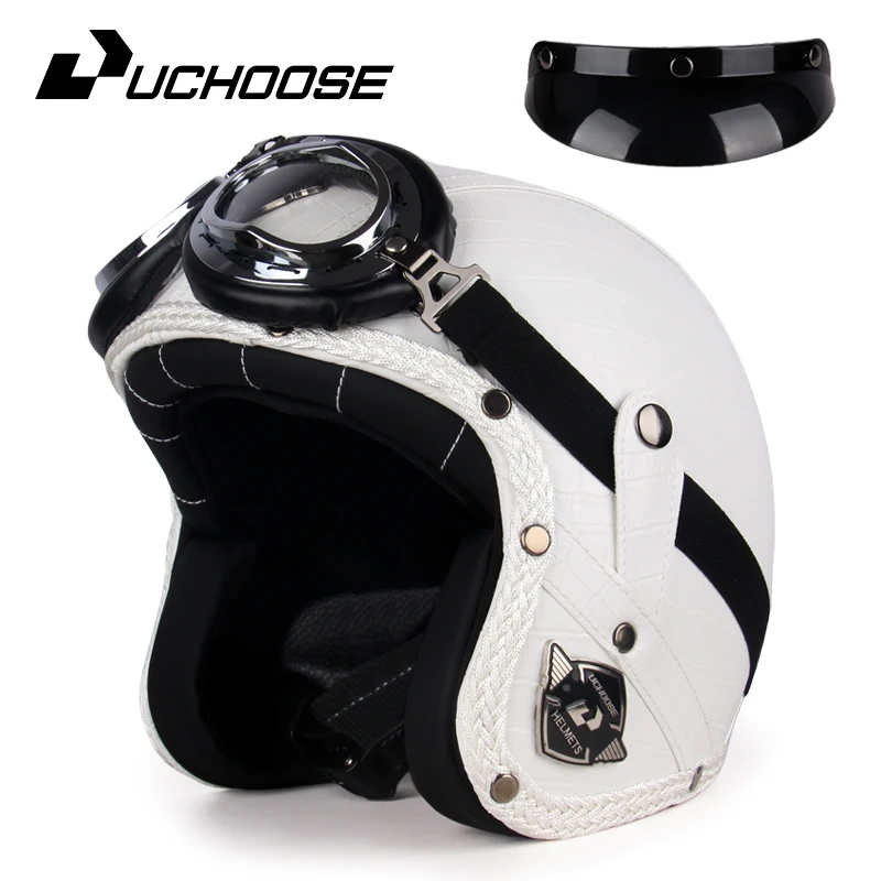 Uchose Retro Motorhelm Pu Lederen Open Gezicht 3/4 Chopper Fietshelmen Classic Casco Moto Vintage
