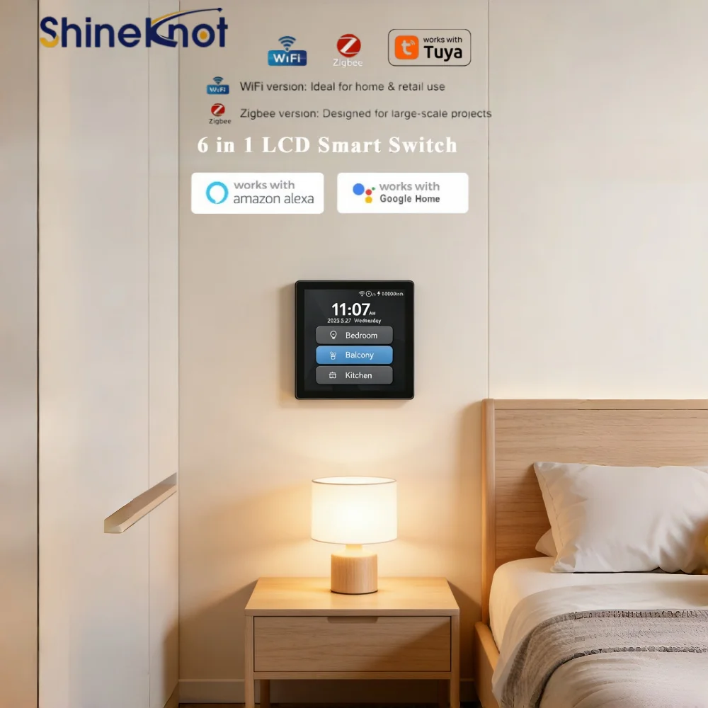 Shineknot Smart Home Tuya Zigbee 4-inch 1/2/3/4Way Smart Screen Display Switch Wifi 6-in-1 Multi Functional Curtain Switch
