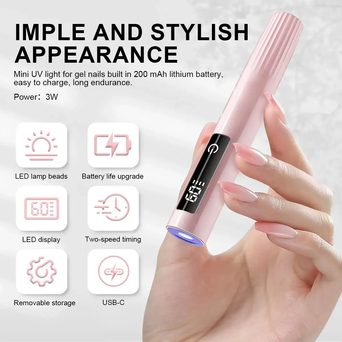 مصباح محمول محمول باليد لتعزيز الأظافر بالأشعة فوق البنفسجية، مصباح تحسين أظافر لاسلكي صغير قابل لإعادة الشحن مع شاشة LED للغلو الماسي