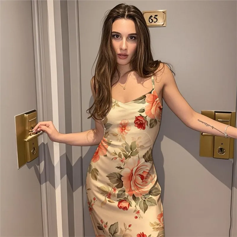 Sexy Spaghetti Strap Slim Long Dress Women Fashion Flower Print Backless Package Hip Elegant Party Dresses Hot Girls Vestidos