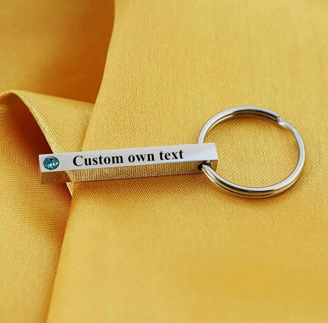 

4 Sides 3D Bar Keychain Personalized Birthstone Stainless Steel Keyring Laser Engrave Own Phrase Custom for Women Dog Tag