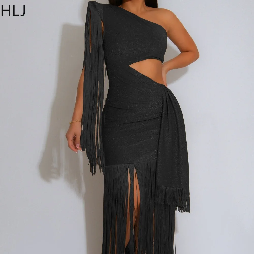 HLJ أنيقة شرابة المرقعة Bodycon فستان طويل بلوزات غير مغطية للكتف طويلة الأكمام الجوف خارج فستان الإناث ليلة حفلة Vestidos جديد