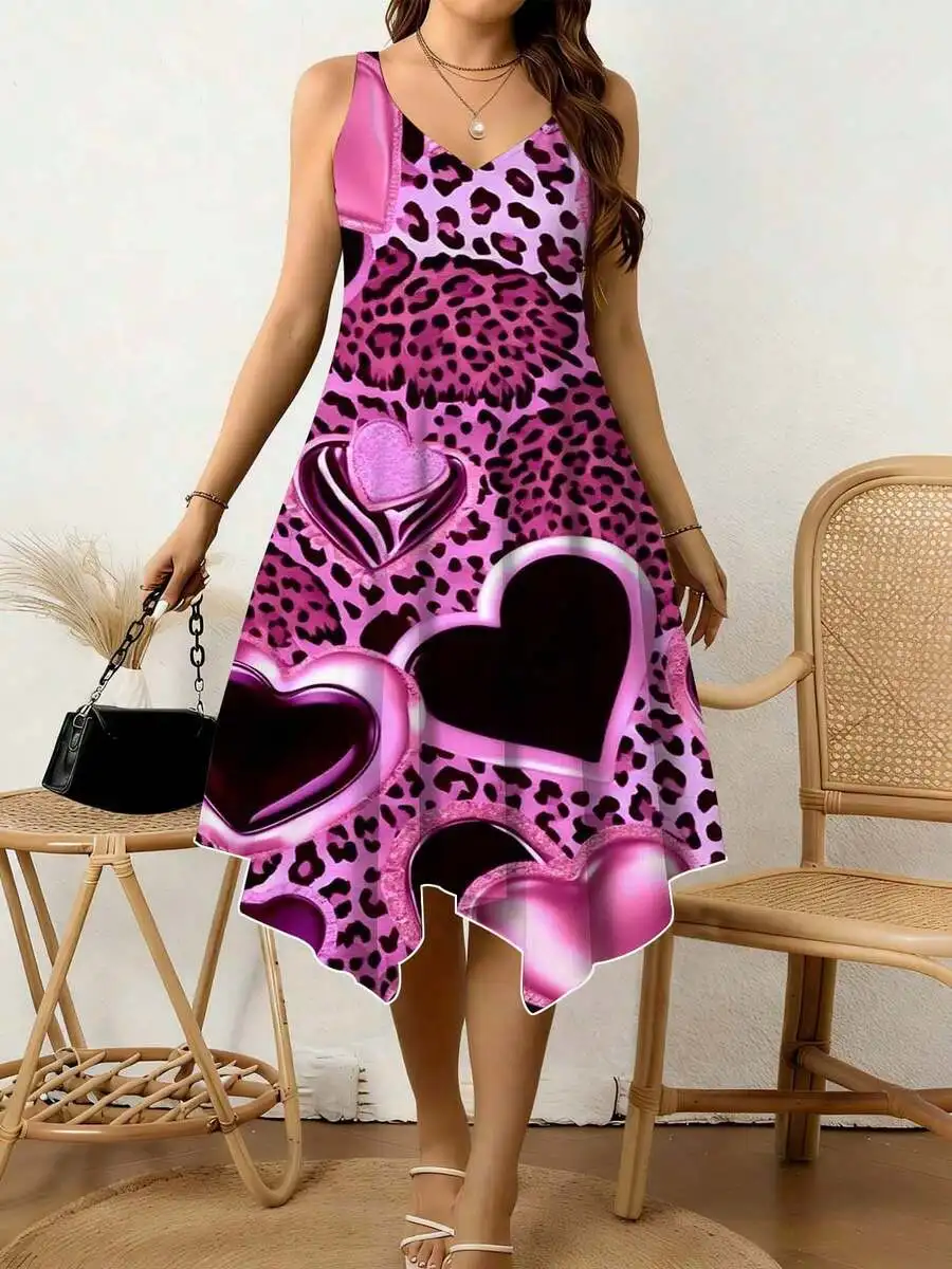 

Women V Neck Irregular Hem Dress Pink Leopard Heart Print Summer Casual Valentine Romantic Wear