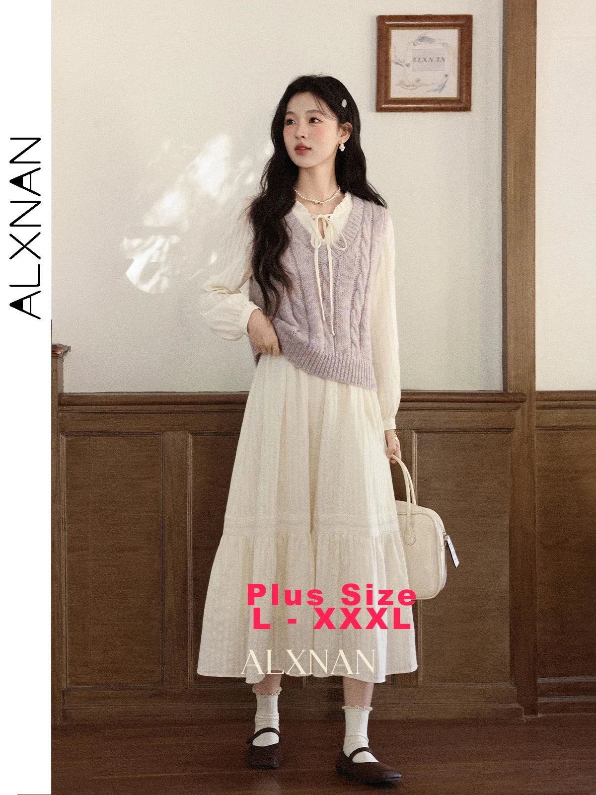 

ALXNAN Plus Size Purple Wool Knitted Sweater Vest Women Elegant V-neck Sleeveless Tops Loose-fit Casual Female Clothing D13101