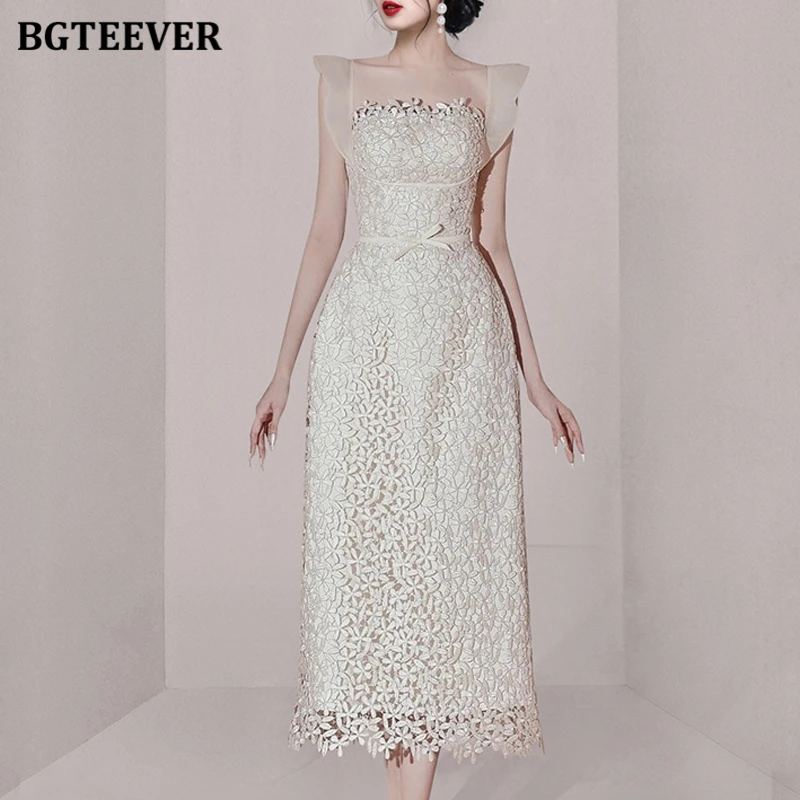 

BGTEEVER Summer Elegant Slim Waist Women Skinny Package Hip Dress Stylish Ladies Sleeveless Patchwork Lace Solid Bodycon Dress