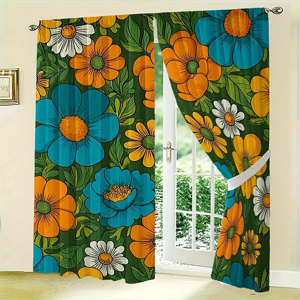 2pcs, No suspension rod Curtains, 23.62x59.06 inch, Retro floral seamless pattern in orange, blue, Suitable for all seasons of h