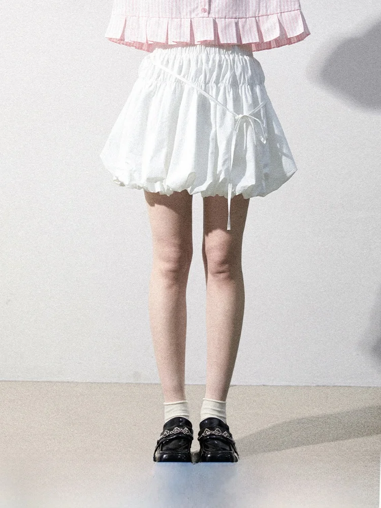 

Bla White Asymmetrical Bow Design f-length Skirt Spring Summer Elastic Waist Pleated A-line Cotton Women's Skirt