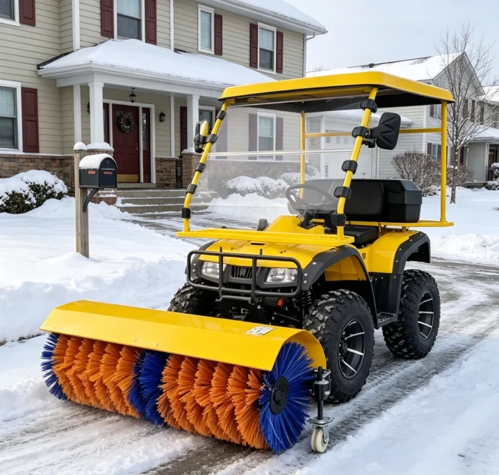 4WD ATV Snow Removal Vehicle with Warning Lights, Power Brush Sweeper for Winter Road Cleaning