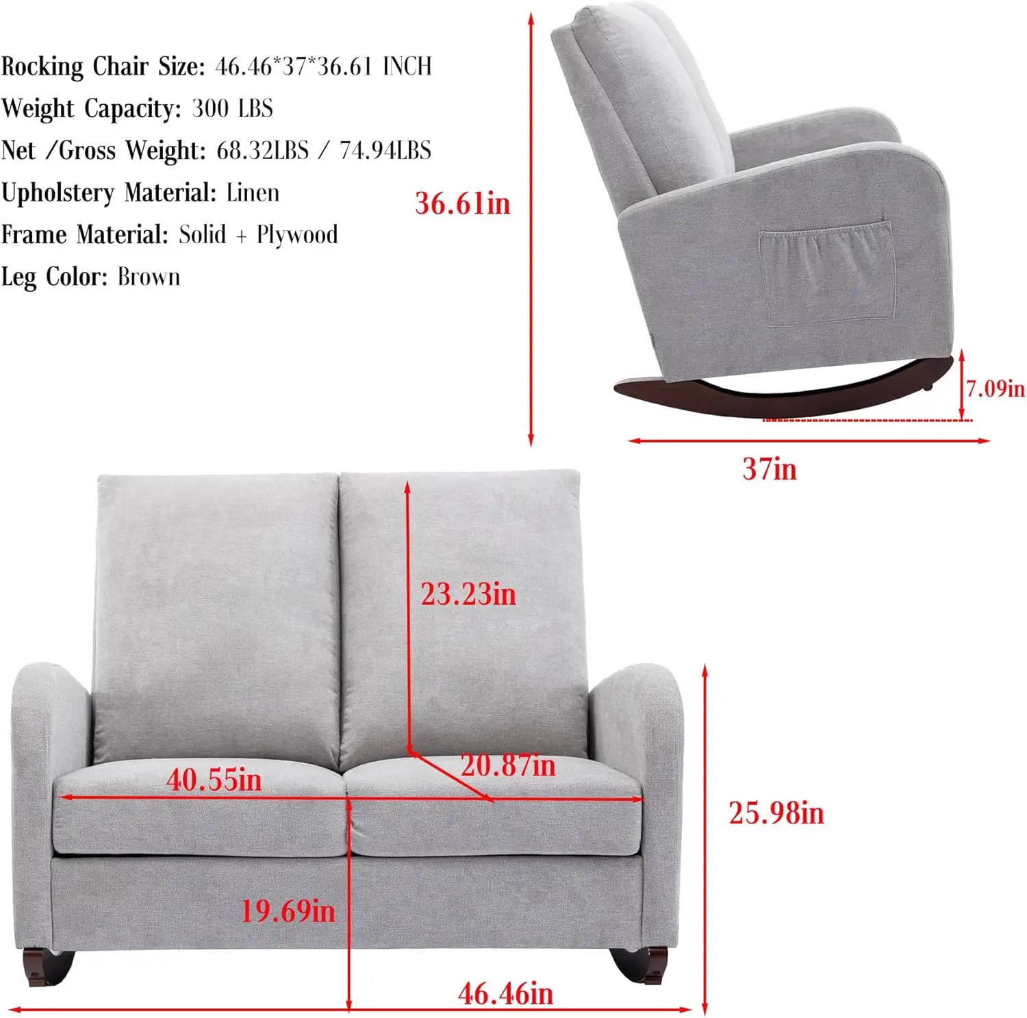 Dolonm Moderne Kinderkamer Schommelstoel Gestoffeerde Dubbele Brede Rocker Fauteuil Ontspannen Bank Loveseat Hoge Rugleuning Accent Zweefvliegtuig