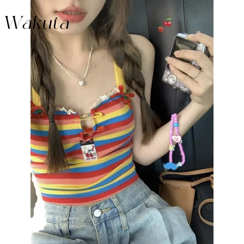 WAKUTA Sexy Backless Rainbow Hanging Neck Halter Small Tanks Top Women's Strappy Dopamine Wear Thai Beach Hottie Y2k Camis بلوزه