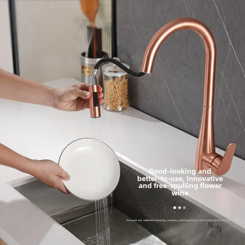 Modern Rose Gold Kitchen Faucet with Pull-Down Sprayer and Dual Functions