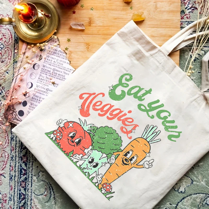 Kawaii Eat verdure stampato tela Tote Bag Shopping Bag Retro Vintage Style Bag Girl Tote borse a tracolla borsa per bagagli riutilizzabile