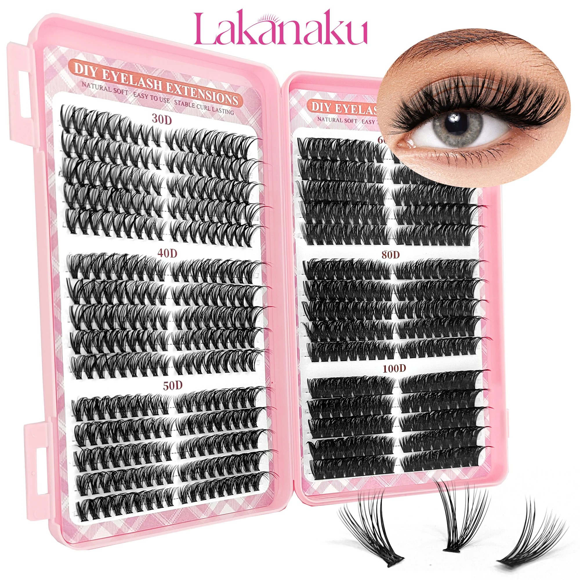 LAKANAKU 168 Fans Diy Cluster Wimpers Cat Eye Wimpers Onzichtbare Band Premium Nertsen Manga Lash Clusters
