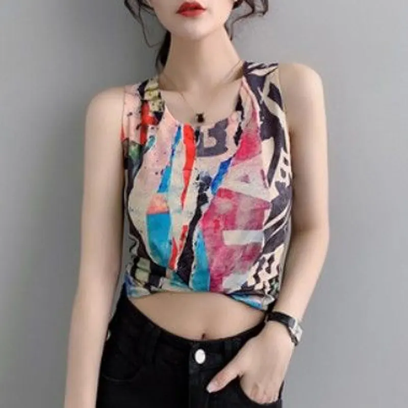 Women\'s Clothing Contrasting Colors Patchwork Sleeveless Tanks Fashion Printed Slim Round Neck 2023 Summer Daily All-match Camis