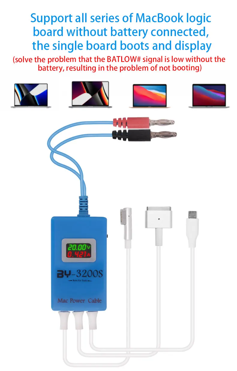 สายเคเบิลสำหรับบูต BY-3200S พลังงานสำหรับ MacBook MagSafe พร้อมตัวเชื่อมต่อแบบ Type-C T และ L สายทดสอบที่ชาร์จแบบเร็ว
