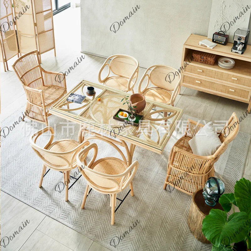 Nordic Rattan Dining Table Set for Small Spaces Japanese Minimalist Rectangle Glass Table with Chairs for Home Restaurant
