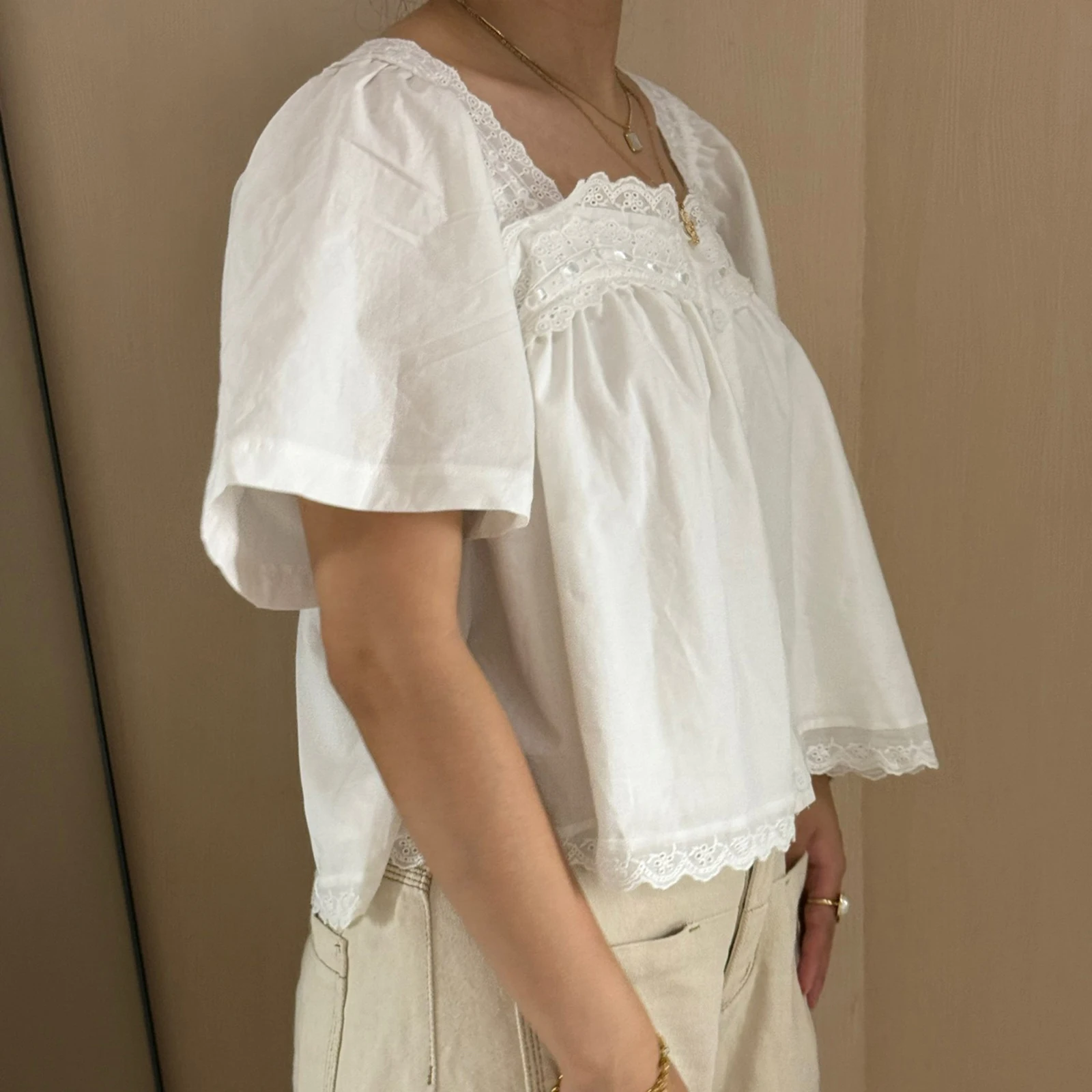 Y2K Aesthetic Fairy Blouse Chic Women's Summer Lace Trim Tops Short Sleeve Square Neck Button Up Babydoll shirt Streetwear