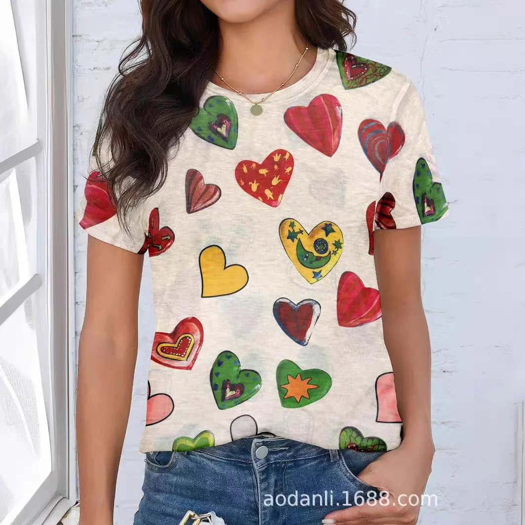 

2025 Love Printed T Shirts Women Summer Clothes Casual O Neck Short Sleeve Slim Fit Tops Tee Female Занзеа Женская Одежда