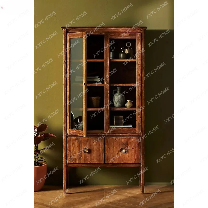 

Элегантный книжный шкаф из массива дерева LX, детский напольный стеллаж, стеклянная дверца для хранения, винный шкаф