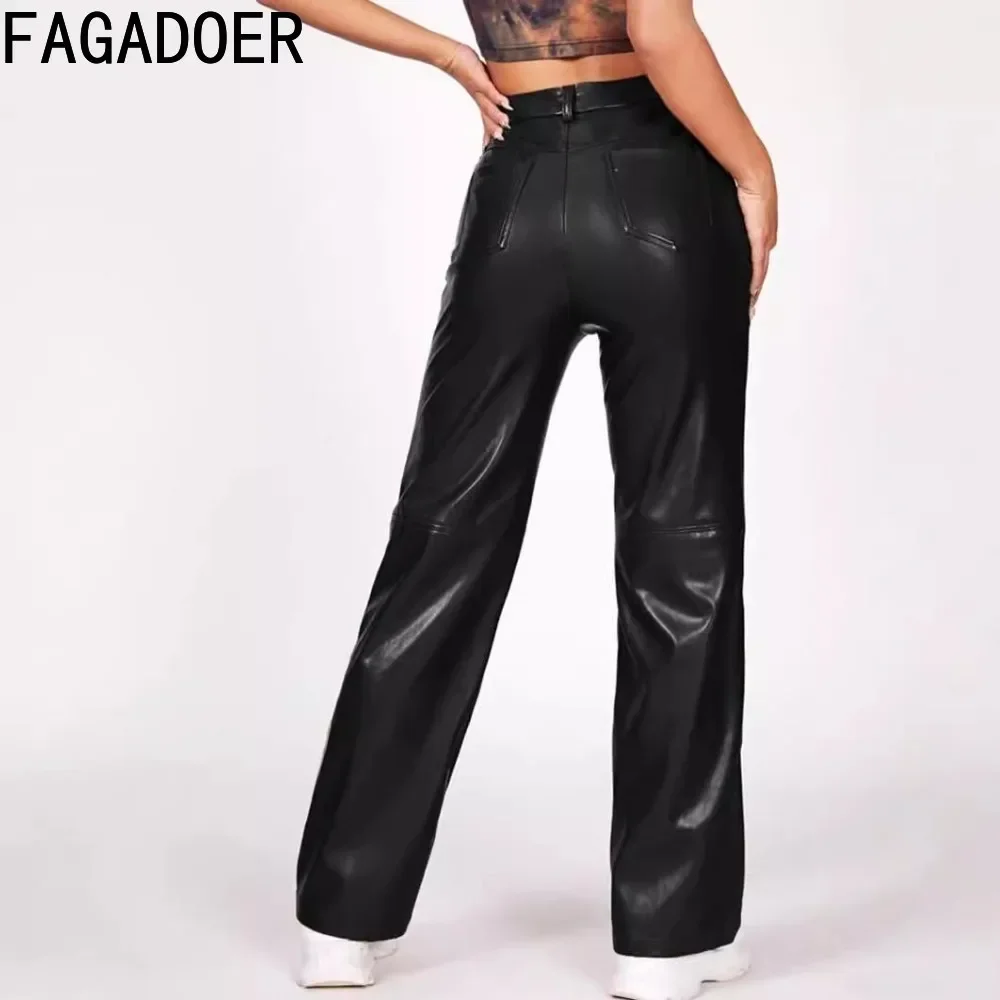 FAGADOER Black Fashion PU Leather Straight Pants Women High Waist Button Pocket Trousers Casual Female Solid Color Bottoms 2024