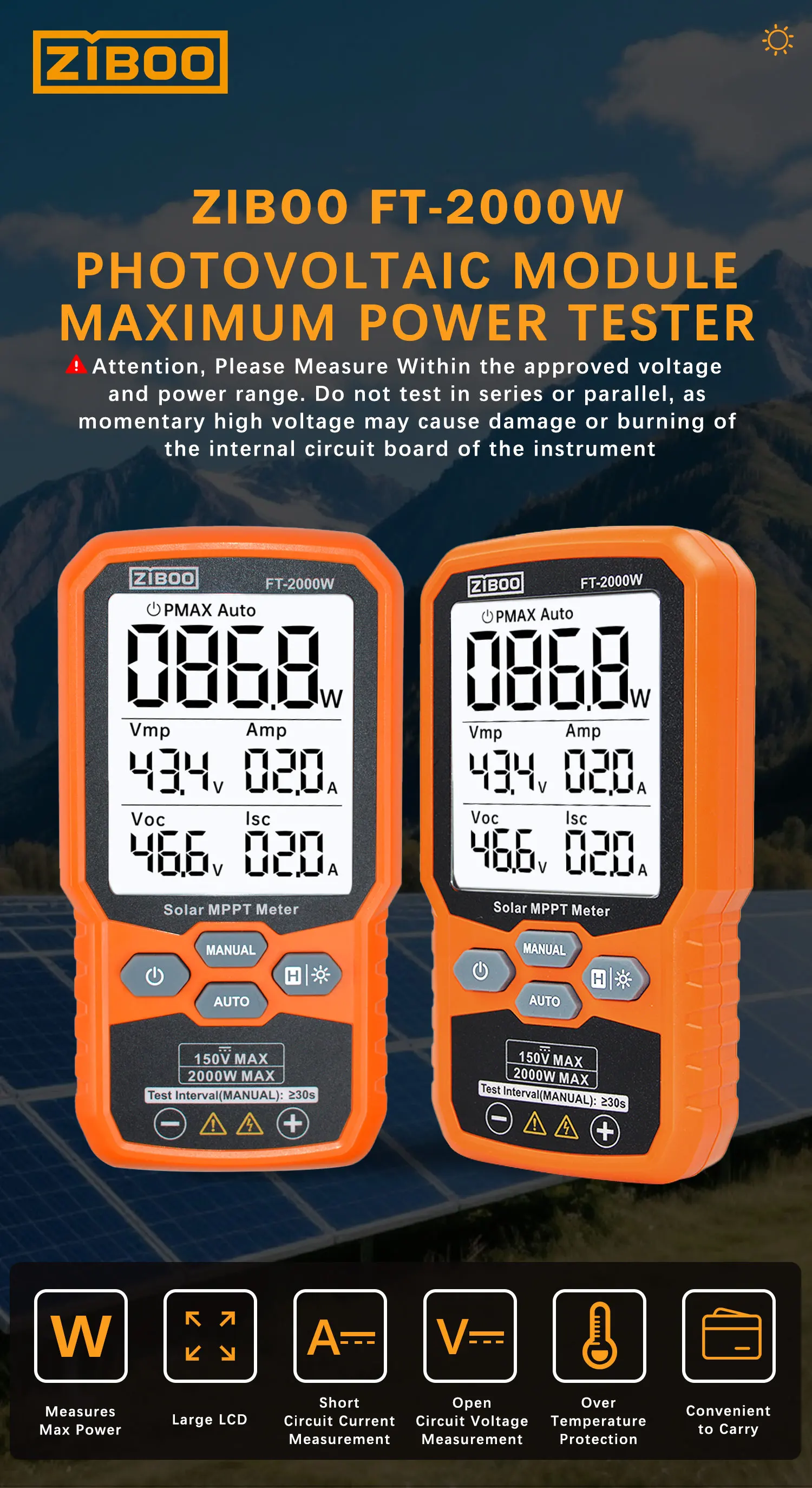 ZIBOO FT-2000W Solarpanel-Tester, MPPT-Messgerät, offener Stromkreis, Spannung und Kurzschluss, mit Hintergrundbeleuchtung und Datenspeicherung, FT-1000 W. – Detail 2