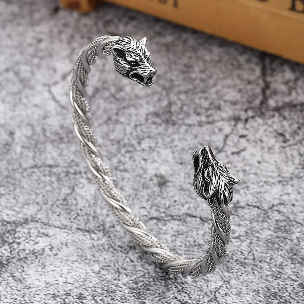 

Viking Wolf Head Bracelet Opening Adjustable Wristband Cuff Snake Bangle for Men Fashion Norse Accessories Jewelry Wholesale