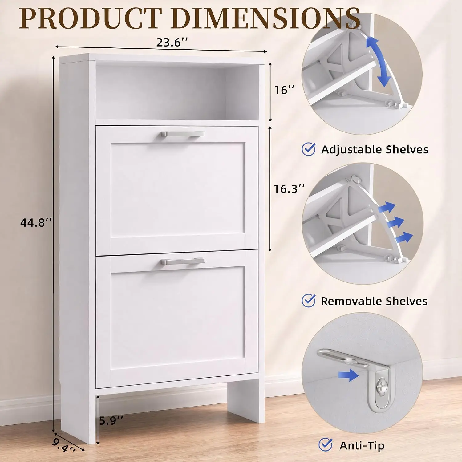 Shoe Storage Cabinet with Double-Layer Top for Entryway | Hidden Shoe Organizer Cabinet with 2 Flip Drawers for Hallway, Hidden Shoe Rack Cabinet White