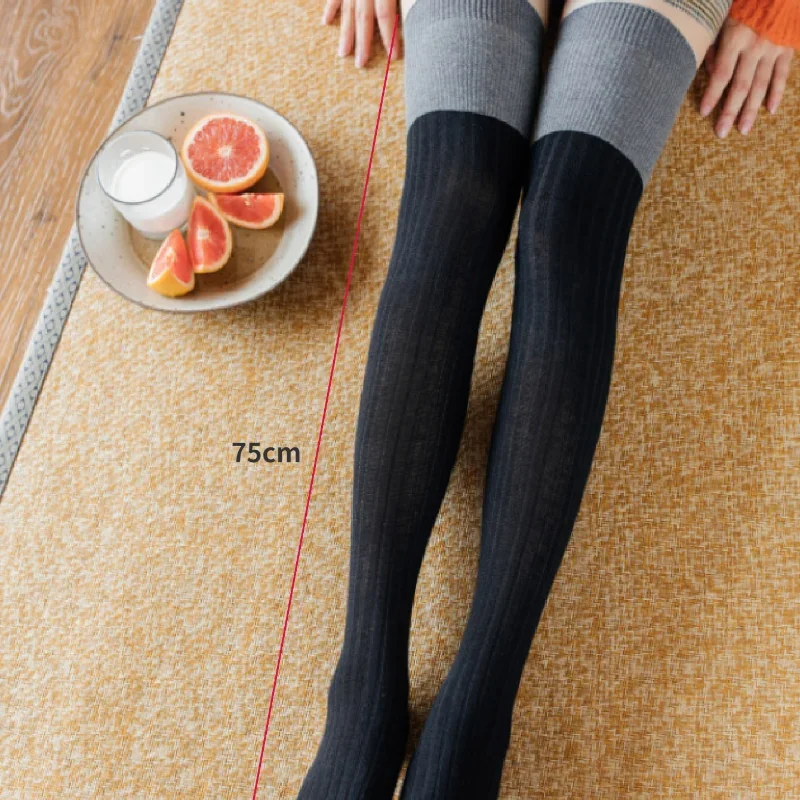 1 Pair of Women New Autumn and Winter Two-pin Matching Color Thigh Socks Cotton Vertical Stripes