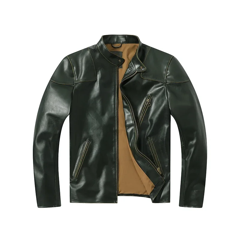 New Waxed Leather Cropped Jacket Men's Stand Collar Natural Leather Jacket Dark Green Retro Slim Motorcycle Jacket Classic