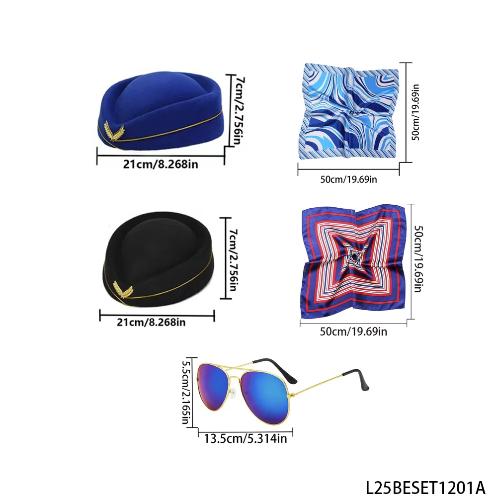 PESENAR Bluesy stewardess kostuumset badge blauwe hoed, vliegtuig oorbellen, sjaal witte handschoenen, cosplay outfit