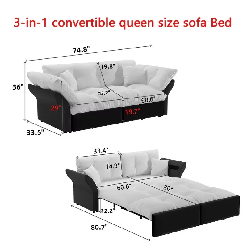 Queen pull-out sofa bed 3 in 1 convertible lounge chair tufted velvet interior multifunctional living room hotel