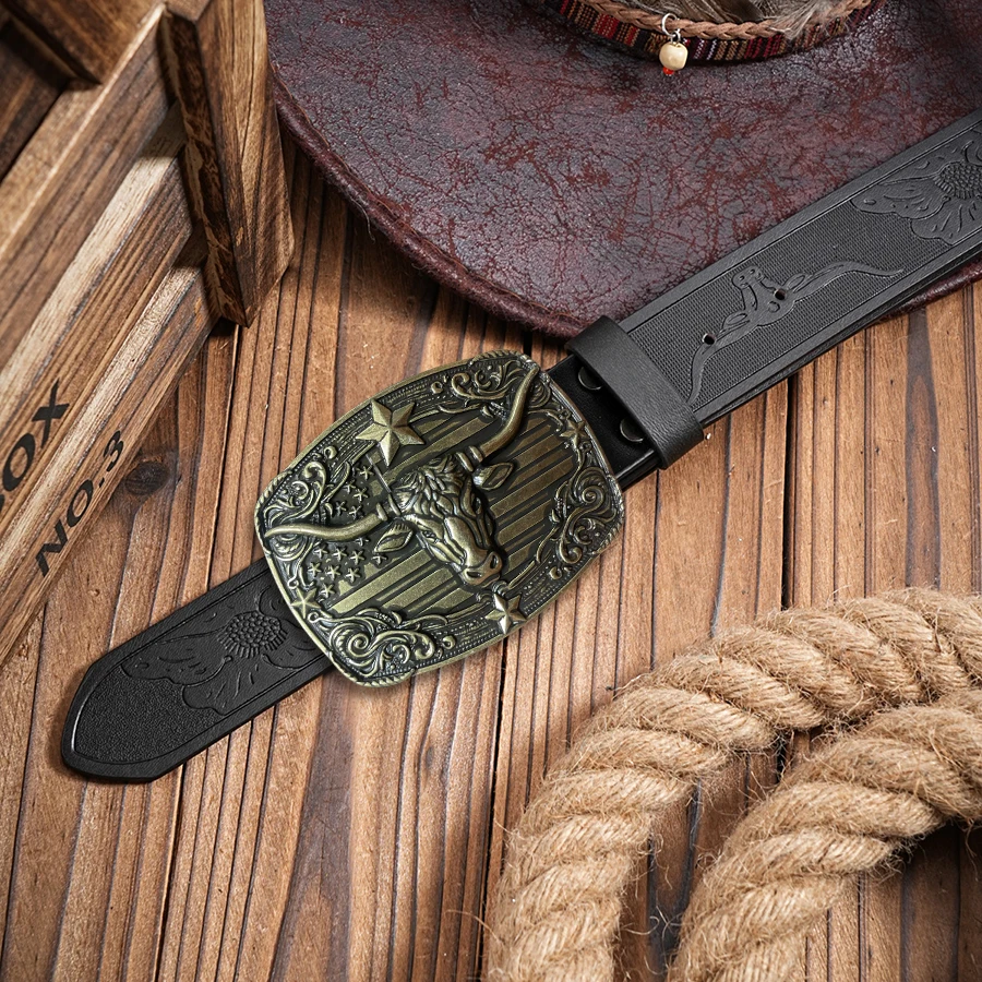 حزام غربي من الدنيم للرجال والنساء، حزام غربي من الدنيم للرجال، حزام منقوش، إبزيم الثور، مناسب للجينز، هدية العيد، Ch