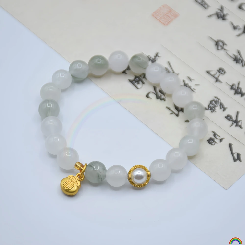 Natural Tianshan Jadeite Bead Bracelet, Alloy Lucky Bag with Beads, Simple Jade Bead String, New Chinese Style Bracelet, Rwbuy