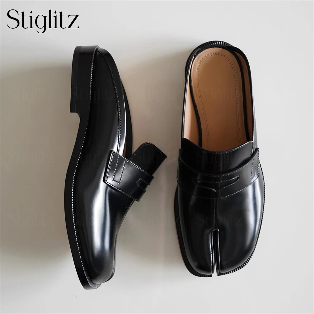 

Tabi Mules for Men Black Patent Leather Split Toe Slippers Designer Style Novelty Leather Slippers Customizable Color Slippers