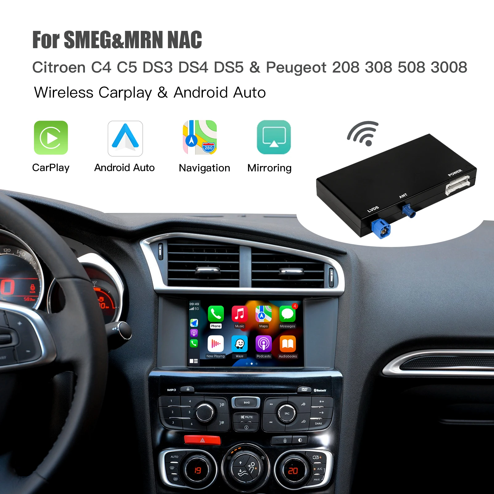 CARABC Wireless Carplay Android Auto for Peugeot and Citroen SMEG 208 308 508 3008 C4 DS3 DS5 Supports reverse camera mirroring