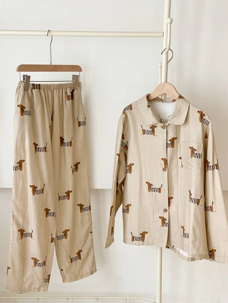 Spring Autumn 100% Cotton Women\'s Pajamas Cute Dachshund Print Two Pieces Set Long Sleeve Tops Full Length Pants Sleepwear 49910