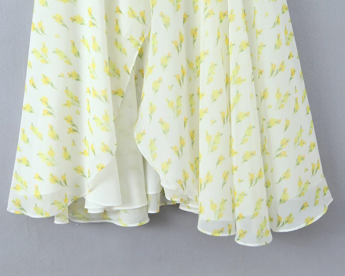 Maxdutti Summer Dress Women French Country Style Yellow Floral Suspender Dress Holiday Casual Midi Dress For Women