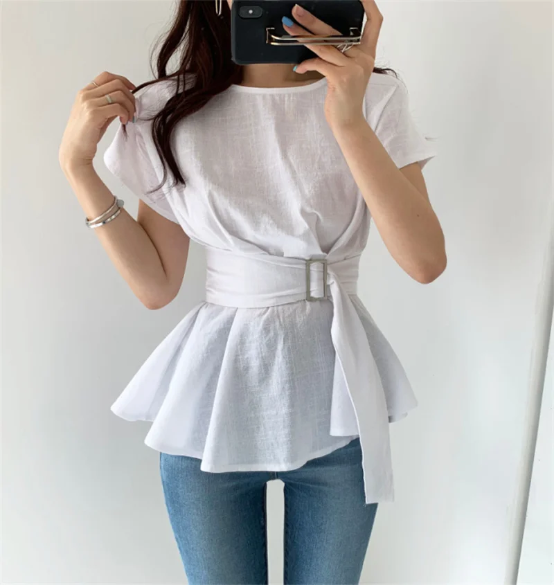 T Shirt Women Ruffle with Belt Elegant Solid T-Shirts Lace-Up Tee Women Short Sleeve Streetwear Korean Fashion Office Lady Tops