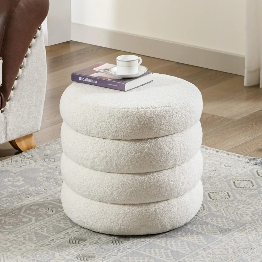 Storage Ottoman Round, Ottoman with Storage, Sherpa Ottoman Storage, 18 Inches H, 20 Inches D, Set of 1, Off-White,Footstool