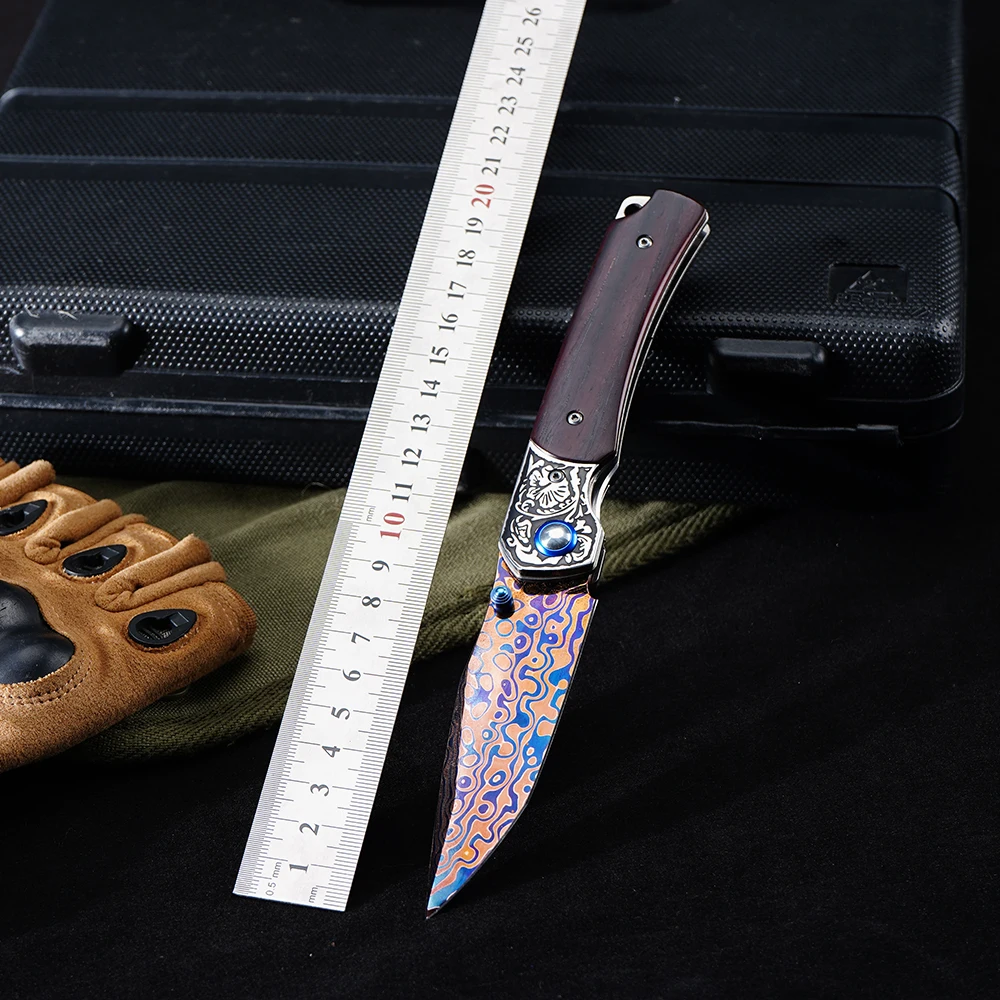 EDC Folding Pocket Knife Engraved blue process Damascus steel Blade Wood Handle Portable Outdoor Knife GT-DM054
