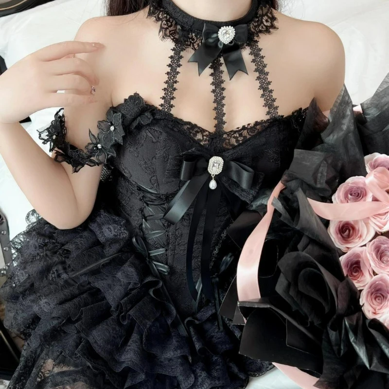 Women Harajuku Y2k Bow Lace Halter Neck Evening Party Mini Dresses Kawaii Black Red Deess Japanese Victorian Sweet Lolita Dress