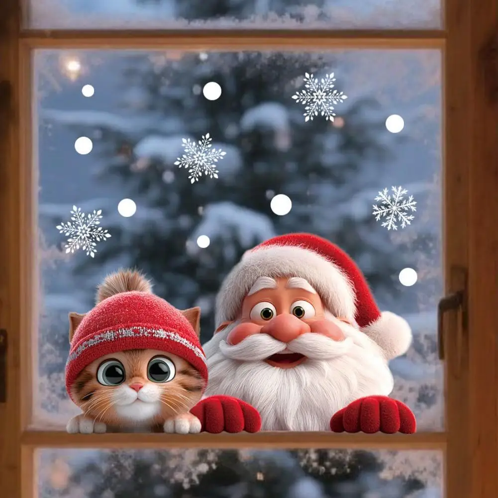 2pcs Christmas Window Clings Stickers Xmas Decal Decorations Indoor Holiday Snowflake Santa Claus Cat Window Electrostatic Decal