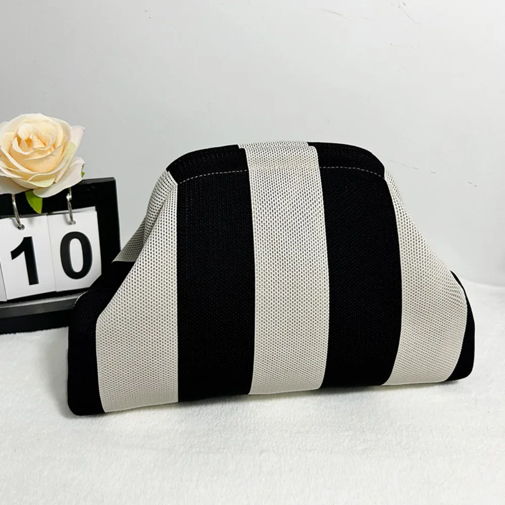 Gestrickte gestreifte Handtasche für Abendessen, Arbeit, Strand, große Kapazität, vielseitig einsetzbar, Farbkontrast, Pendler-Clip-Tasche für Damen – Detail 12