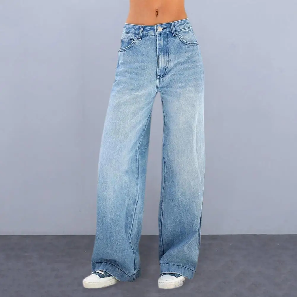 

Women Jeans High Waist Button Closure Gradient Color Denim Pants Wide Leg Loose Colorfast Full Length Lady Long Denim Trousers