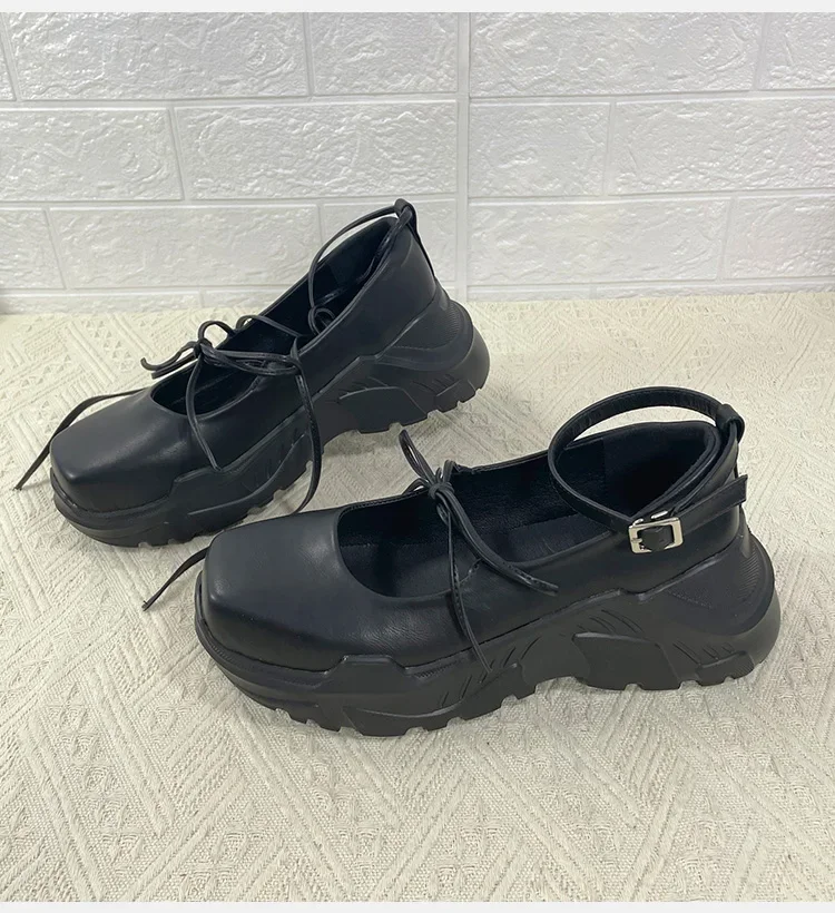 2025 Spring New Style Women's Ballet Thick-Soled Bow-Knot Heightening Shoes Black/gold/silver Mary Jane Small Leather Shoes