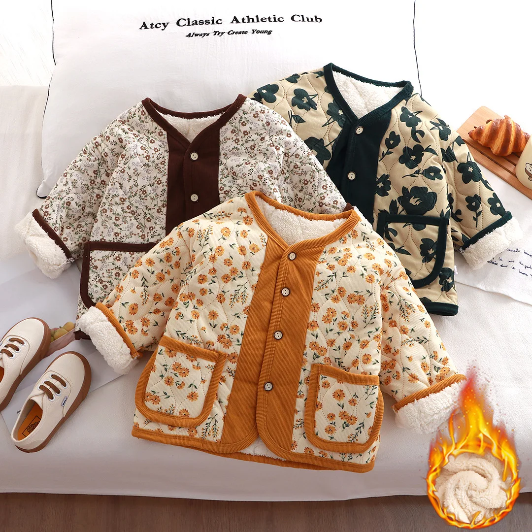 Autumn Winter Children Girls Jacket Three-layer Warm Cotton Padded Kids Girls Jacket Retro Plush Floral Warm Toddler Girl Jacket